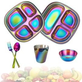 YIRADIS STORES Stainless Steel Plates with Fork & Spoon, 2 Piece Divided Non-Toxic Stainless Steel Kids Plates & Bowls, Dishwasher Safe Kids Utensils and Glass (Rainbow)