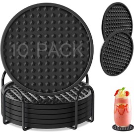 VASA NAMA 10 Piezas Posavasos para Mesa, Portavasos de Silicona Antideslizantes, Posavasos para Bebidas con Soporte Posavasos Redondos Antideslizante, Coasters para Bar, Hogar, Restaurante (Negro)