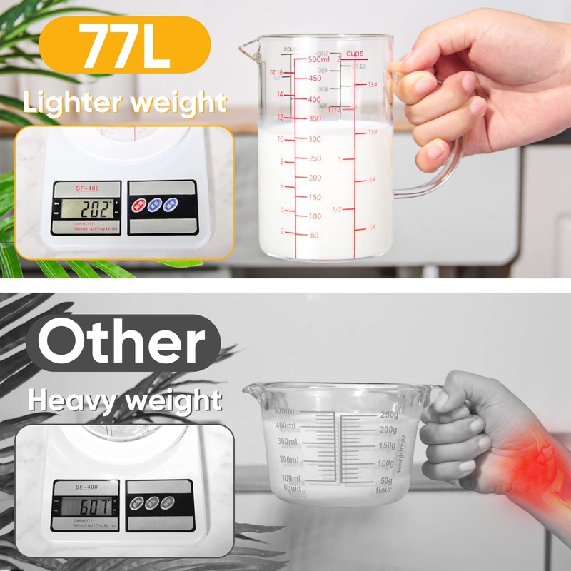 77L Glass Measuring Cup with Handle, [Double-Sided Measuring Scale, V-Shaped