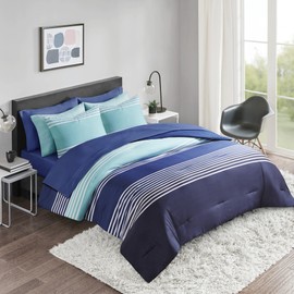Comfort Spaces Twin XL Comforter Sets with Sheets - Bed in a Bag 6 Pieces Teen Bedding Sets Twin XL, Navy and Grey Stripes Bedding, College Twin Bed Set, 2 Side Pocket Bedroom Organizer Twin XL Navy