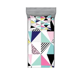 Ambesonne Eighties Fitted Sheet & Pillow Sham Set, Retro Memphis Style Pattern with Geometrical Shapes Funky Hipster Old Fashioned, Decorative Printed 2 Piece Bedding Decor Set, Twin, Turquoise Black