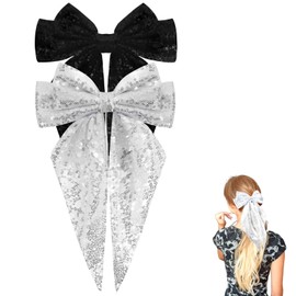 Dinghaole 2PCS Silver and Black Hair Bows for Women - Sparkly Hair Clips Set - Trendy Hair Accessories - One Silver, One Black for Birthday and Christmas - Glittery Bow Clips for Short