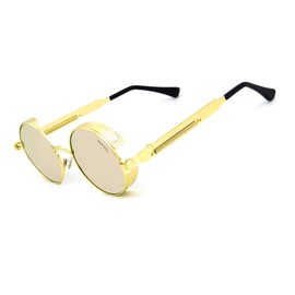 RONSOU Steampunk Style Round Vintage Polarized Sunglasses Retro Eyewear UV400 Protection Matel Frame Golden Frame Pink Lens
