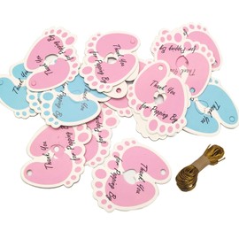LEZIEBIRE 50 pcs Thank You Baby Shower Tags Paper Gift Tags Gender Reveal Party Favors Decoration with 10m Gold String Baby Feet Pink Blue