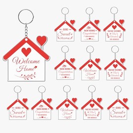 Welcome New Home Acrylic Keychain Bulk 12 Sets Red Welcome Home House Tag Card Homeowner Engraved Key Ring Decoration for Real Estate Agent Supplies, Gifts, 紅色