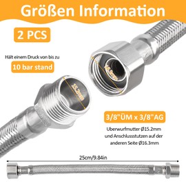 Pack of 2 Flex Hose 3/8 Inch, Reinforced Hose 3/8, Throw and Male Thread, Connection Hose with Stainless Steel Braid, Connection Hose, Tap Hose for Tap Angle Valve Cistern (25 cm)