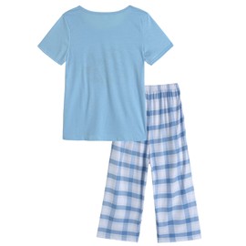 YIJIU Women's Capri Pajama Sets Summer Letter Coffee Print Short Sleeve Sleepwear Pjs Sets,Blue Plaid,L