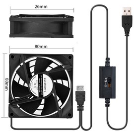 euroharry USB Fan, 80 mm Fan, with 3-Speed Adjustable 5 V/0.3 A USB Fan, with a Modern Brushed Black Aluminium Frame, for Home Cinema AV Cabinet Cooling