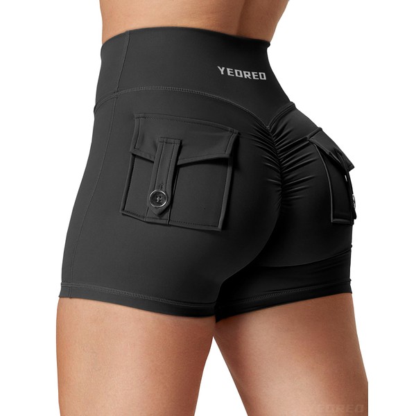 YEOREO Scrunch Workout Shorts with Pockets Charm Gym Biker Shorts for Women High Waisted Yoga Booty Shorts, #1 Black, Small