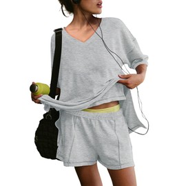 Yousify Summer Sets for Women Womens Vacation Outfits Travel Outfits Two Piece Lounge Matching Set Oversized Shirts Grey M