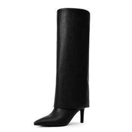 VIUGJNEX Womens Knee High Boots Black Fold Over Boots Stiletto Heel Boots Pointed Toe Dress Tall Slouchy Boots Size 9.5