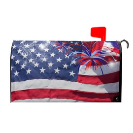 Kcozydecor Fireworks for 4Th of July Independence Day Mailbox Covers Magnetic Standard Size 18"" X 21"",American Flag Patriotic Mailbox Wraps Post Letter Box Cover for Holiday Garden Yard Decor