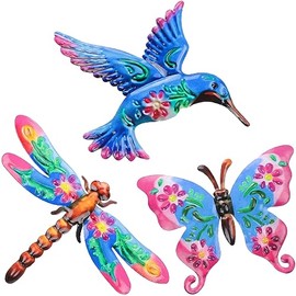 Zerdie Paquete de 3 Colibrí Mariposa Libélula Decoración de Pared de Metal, Decoración de Escultura de Pared Colgante, Decoración de Escultura de Pared