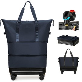 Duffle Bag with Wheels,Foldable Duffle Bag for Travel,Large Suitcases with Wheels,Foldable Travel Bags,Expandable Luggage,Carry on Luggage for Women Men(Upgrade - Blue)