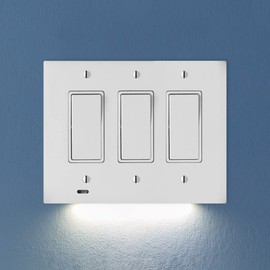 Single - SnapPower SwitchLight [for Triple-Gang Light Switches] - Light Switch Wall Plate with Built-in LED Night Lights - Bright/Dim/Off Options - Auto On/Off Sensor - (Rocker, White)