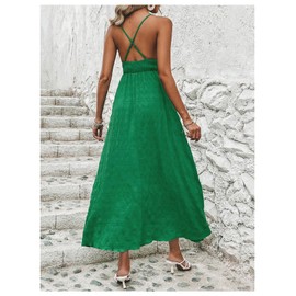Milumia Women's Summer Smocked Cami Maxi Dress Boho V Neck Spaghetti Strap A Line Flowy Beach Long Sundress Green Medium
