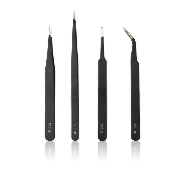 Precision Tweezers, 4-Piece Set (4 Types), Precision Tweezers, Stainless Steel, Extra Fine Tweezers, Tweezers for Gardening, Can Be Used for Making Plastic Models, Reverse Tweezers, Extra Fine Point (Oda Shoten)