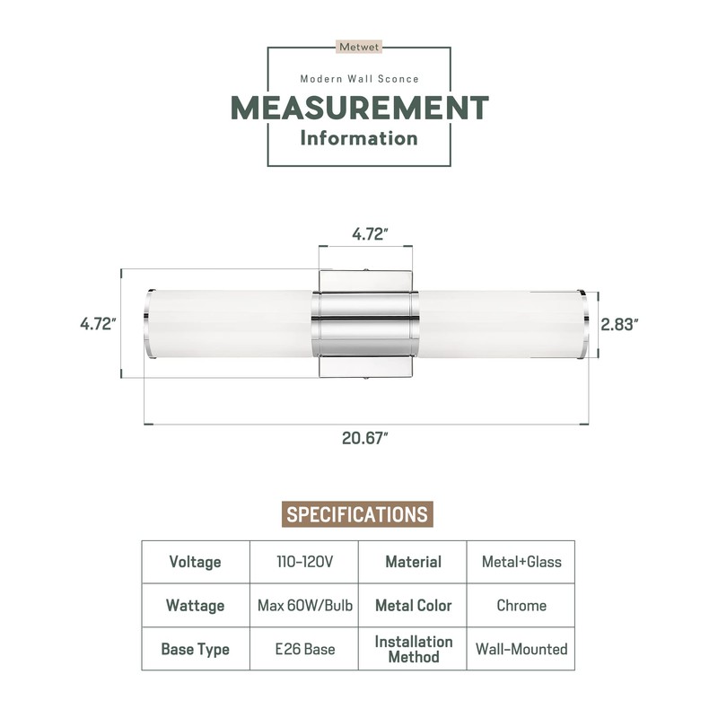 METWET Bathroom Light Fixtures, 2-Light Vanity Lights for Mirror with