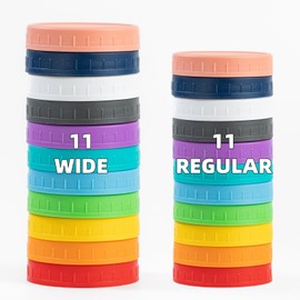 22 Pack Plastic Mason Jar Lids, 11 Wide Mouth & 11 Regular Mouth with Silicone Rings,Thickened Leak-proof Lids Fit Ball,Kerr and More, 86mm & 70mm(Multicolored)