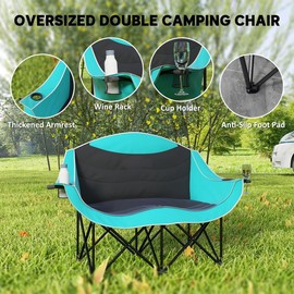 yotefe Double Camping Chairs for Adults, Oversized Heavy Duty Folding Camping Chairs W/Cup & Wine Holders, Outdoor Portable Loveseat for Beach, Fishing, Lawn, Backyard, Green