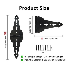 Joocosy 8 in Fence Gate Hinges, Wood Gate Hinges Heavy Duty, Decorative Fence Hinges for Outdoor Wooden Gates 4 Pack, Black (16" Total Length)