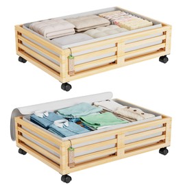 Wisuce Bamboo Under Bed Storage Containers- Underbed Organizer with Wheels with Large Dust Bag,Sturdy Wood Rolling Under the Bed Shoe Storage Organizer Drawer 2 Packs (Nature, Small)