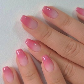 KQueenest Ombre Press on Nails Medium Coffin, French Tip False Nails Short Ballerina, Gradient Nude Pink Fake Nails Press ons, Perfectly Fit, Reusable Gel Stick on Nail for Women Daily Wear 24 Pcs