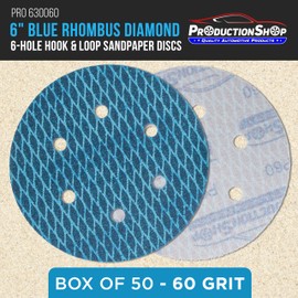 ProductionShop Premium 60 Grit 6" Rhombus Diamond Shape Blue Sanding Discs, 6-Hole, Box of 50 - Hook & Loop Anti-Clogging J-Cloth Dustless Sandpaper for Random Orbital Sanders, Sand Auto Paint, Wood