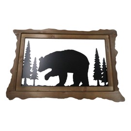 Ebros Gift Rustic Western Wildlife Whimsical Black Bear by Pine Trees Forest Scenic Silhouette Metal and Framed Wood Wall Sculpture Cabin Lodge Bears Hunters Cottage Accent