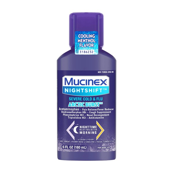 Mucinex® Nightshift® Cold & Flu Clear & Cool Liquid 6 fl. oz. Relieves Fever, Sneezing, Sore Throat, Runny Nose, Nasal Congestion, and Controls Cough with a Burst of Cooling Menthol