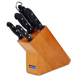 ARCOS Series Maitre, Set 5 Pieces (4 Knives + 1 Knife Sharpener), Blade Nitrum Stainless Steel, Handle Polypropylene, Wooden Block, 6 inch, Black
