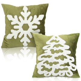 Breling Set of 2 Christmas Olive Green Velvet Pillow Covers 18x18 Decorative Embroidery Soft Tufted Christmas Tree Snowflake Pillow Cover for Couch Sofa Bed Winter Holiday Decor