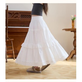 Girls A-Line Elastic High Waist Pleated Long Swing Maxi Skirt with Lace Trim 160, 11-12 Years,White