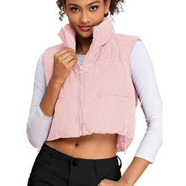 ELLEVEN Corduroy Cropped Puffer Vest for Women High Stand Collar Puffer Vest Women Warm Lightweight Vests Outerwear whit Pockets Light Pink Large