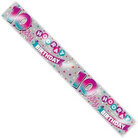 Age 10 Birthday Banner Pink, Purple And Silver Holographic Recyclable 10th Birthday Party Banner