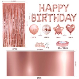 Uandhome Rose Gold Party Decoration Set - Happy Birthday Banner, Fringe Curtain, Foil Tablecloth, Heart Star Confetti Balloons, Table Confetti for Girls and Women