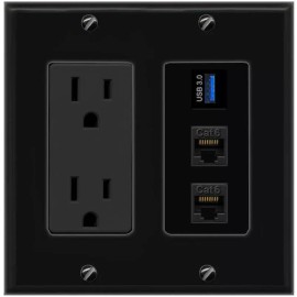 Wall Plate City [3 Ports] 2 CAT6 USB-3 Black Wall Plate with 15A Power Outlet