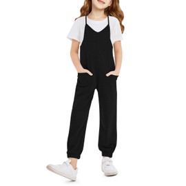 rrhss Girls Jumpsuit Romper Sleeveless Cute Long Pants Casual Plain Color Overalls with Side Pockets