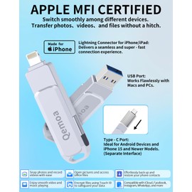 Qemoa MFi Certified 512GB Flash Drive Photo Stick for iPhone, External Memory Photo Keeper Storage for Data Saver/Backup/Transfer Files/Picture/Video/iPhone/iPad/iOS/Android/PC (Gray)Available Space: ~484GB