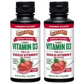 Barlean's Barlean's Pack of 2 Liquid Vitamin D Supplement for Kids and Adults with 5000 IU D3, Strawberry Milkshake Flavored Sugar Free Vitamins for Children, 5.6 oz Each