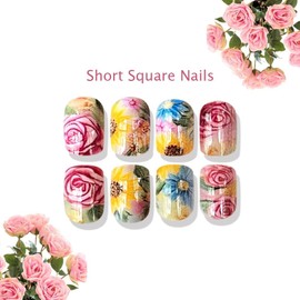 Spring Flower Press on Nails 24PCS Stick on Nails Medium Coffin Acrylic False Nails Glossy Colorful Pink Yellow Blue Flowers Fake Nails Rainbow Gel Glue on Nails for Coquette Women Girls