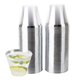 PLASTICPRO 9 oz Disposable Plastic Party Cups,Old fashioned Designed Tumblers, Crystal Clear (Clear With Silver Rim, 100)