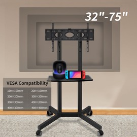 Rolling TV Stand with Power Outlet for 32-75 Inch TVs Up to 110 lbs, Mobile TV Cart on Wheels with Height Adjustment,Rolling TV Mount with Shelf for Outside Patio Home Office (With Power Outlet+Shelf)
