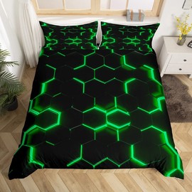 Loussiesd Honeycomb Bedding Duvet Cover Geometry Hexagon Theme with Green Neon Lights Comforter Cover,Boys Teen Man Chic Home Bedding Quilt Cover 2Pcs with 1 Pillowcase Black Single