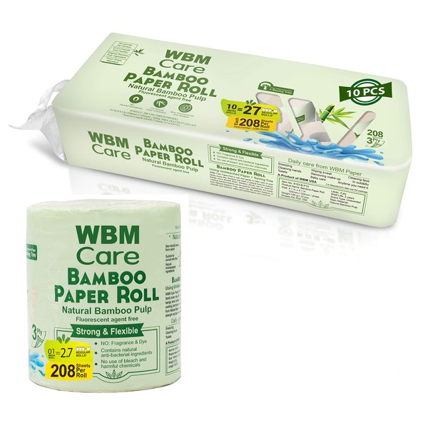 WBM Care Natural Bamboo Toilet Paper Unbleached| Tree & Lint Free | 3 Ply Bath Tissue| 208 Sheets/Each|10 Rolls