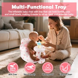 MAXTBEE Inflatable Baby Chair with Tray, Portable Baby Floor Seat for Sitting Up, Built in Air Pump Back Support Learning Sit-Up Seat for Infants for 4-36 Months - Rabbit