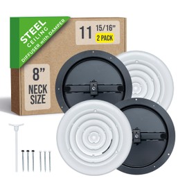 [2 Pack] Fits 8 Inch Neck Air Duct | Steel Round Air Supply Diffuser for Ceiling by Handua | 8" Neck Steel Butterfly Damper Included | Round Diffuser Vent Cover | White | Outer Dimension: 11-15/16"
