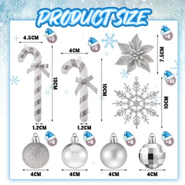 Harrycle 50 Pcs Christmas Tree Decorations Christmas Baubles Small Ball Ornaments Artificial Glitter Snowflake Decorative Poinsettia Flowers Candy Cane for Xmas Tree Topper Outdoor Home (Silver)