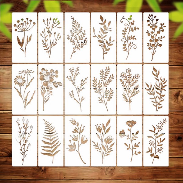 Stencils, 18 Pieces Leaves Stencil, Reusable, DIY Painting Template, Drawing Stencils, Plastic Painting Stencils for Wall, Wood, Floor, Furniture, Home Decoration