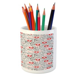 Ambesonne Valentines Pencil Pen Holder, Romantic Abstract Pattern with Hearts Birds and Swirled Lines, Printed Ceramic Pencil Pen Holder for Desk Office Accessory, Vermilion and Black